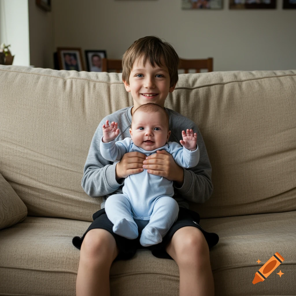 A boy with brown hair and blue eyes sits on a couch, holding a smiling baby dressed in a blue onesie. Photorealistic style.
