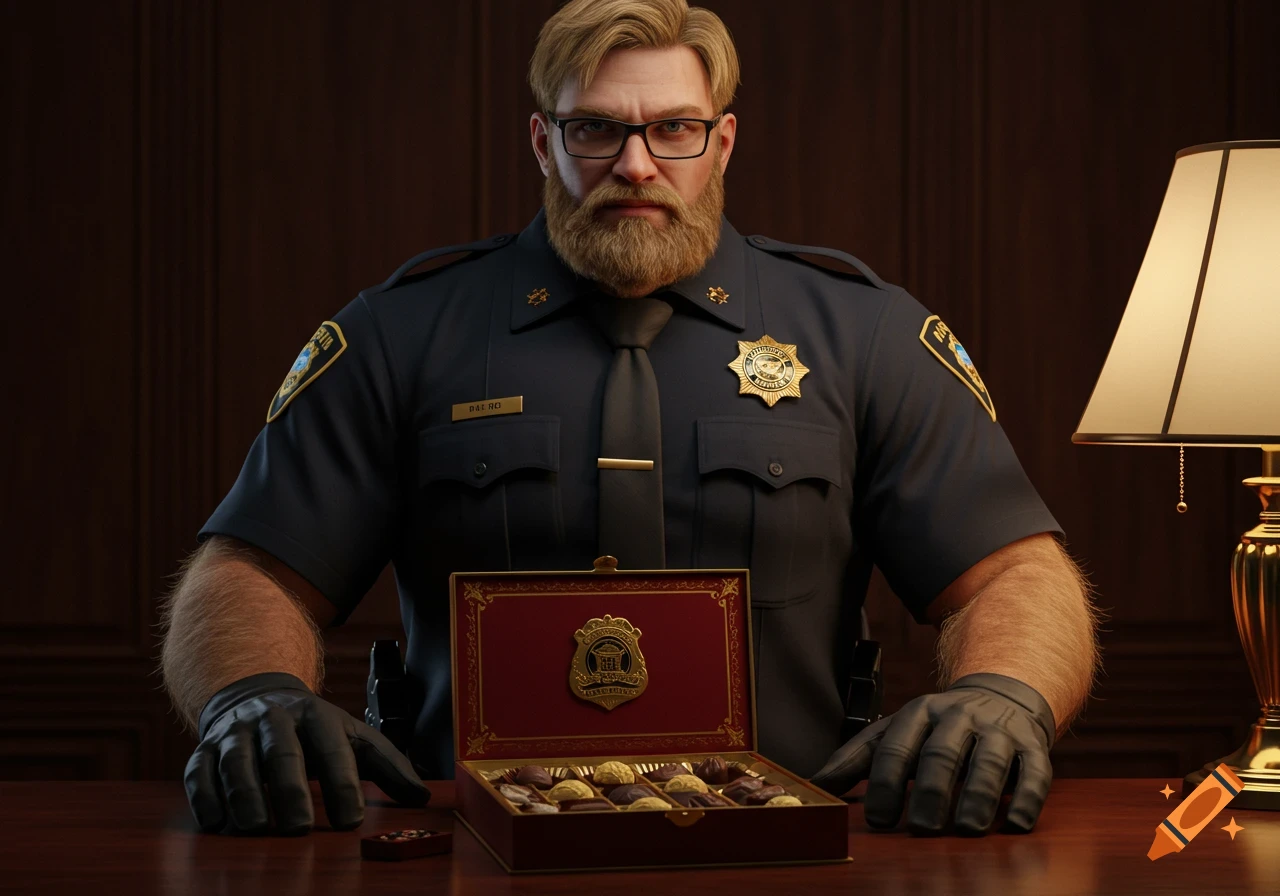 A husky blonde man with a beard and glasses, wearing a police uniform, stands behind a desk with an open box of chocolates.