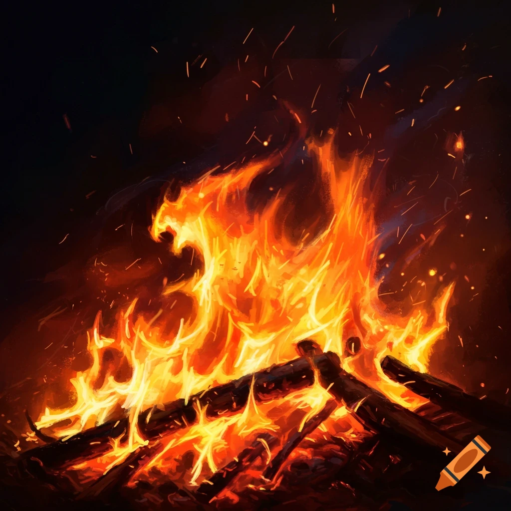 Vibrant bonfire with orange and yellow flames burning logs, sparks flying against a dark background, digital painting style.