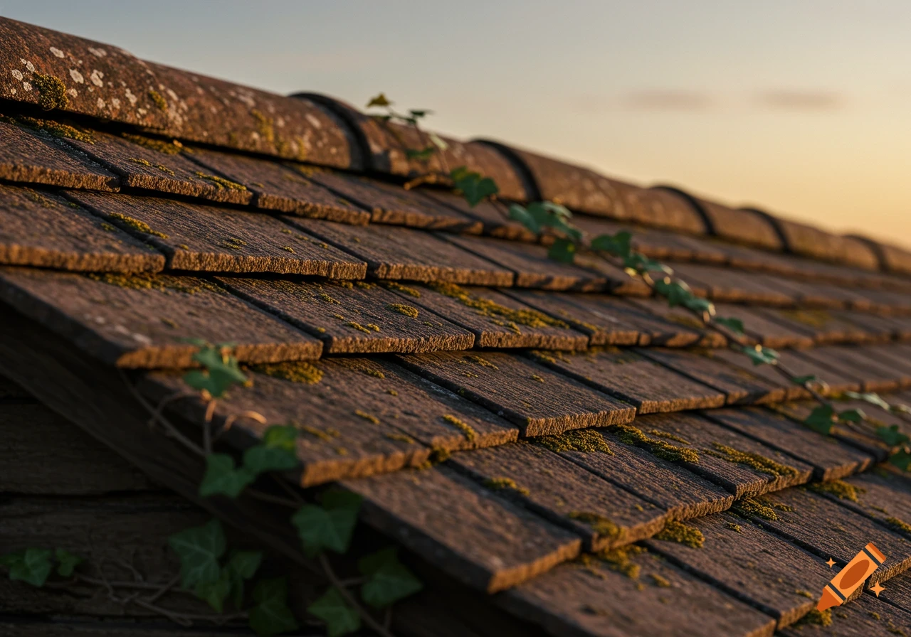 Close-up of weathered roof shingles covered in green moss and ivy, bathed in warm sunset light against a clear sky.