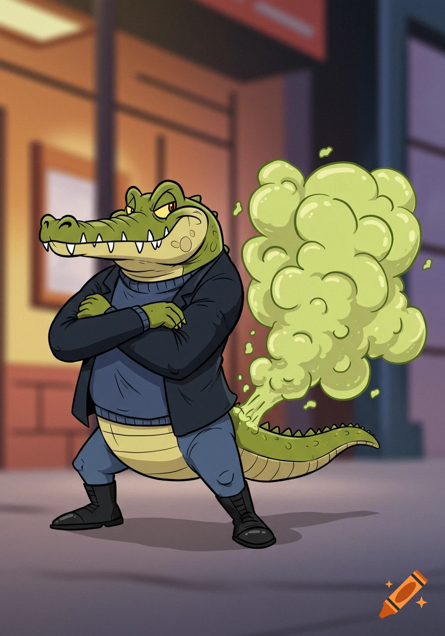 A cartoon crocodile in a dark blue sweater, black jacket, and black boots, with crossed arms, farts massive yellowish-green fumes.