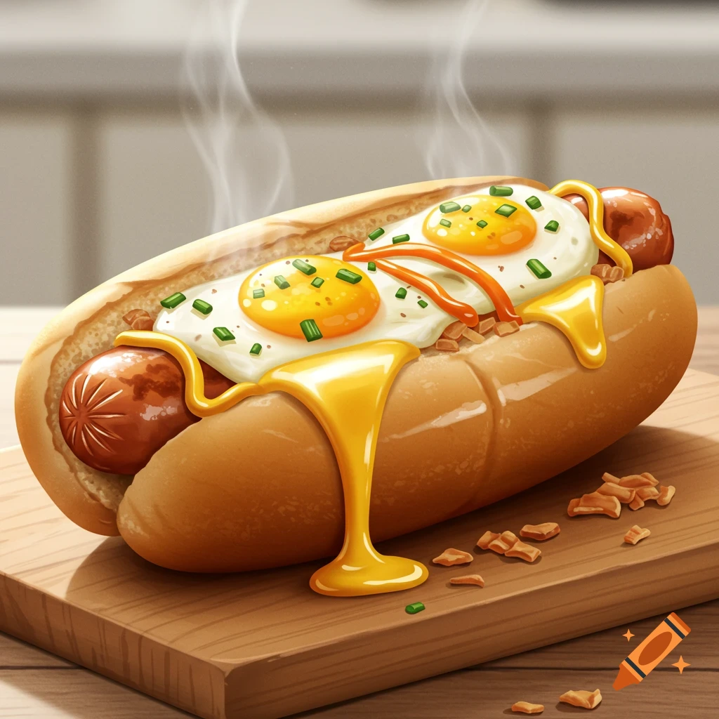 A stylized hotdog in a bun topped with two sunny-side-up eggs, melted cheese, and chives, on a wooden board.
