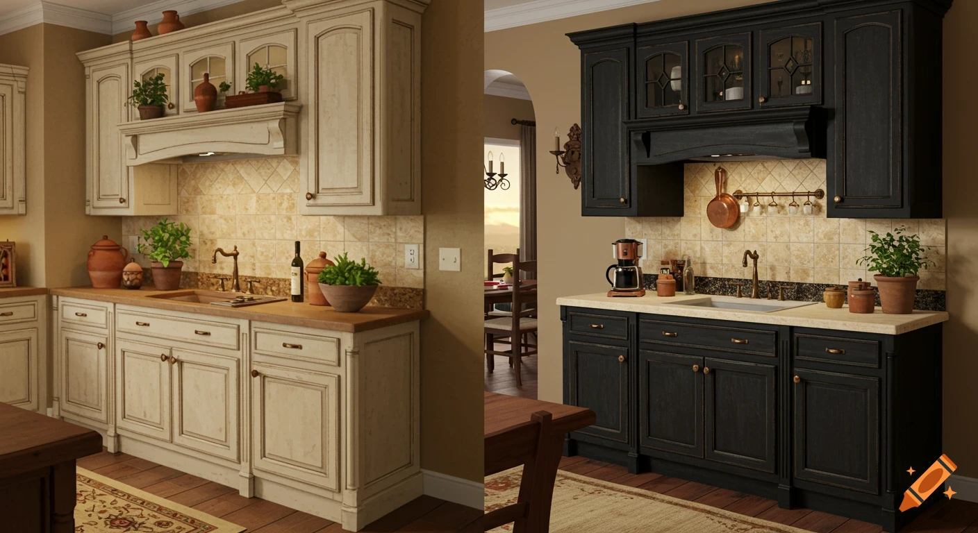 Two side-by-side kitchen views: a light cream kitchen with wooden countertops and a dark distressed black kitchen with light countertops, both with Tuscan decor.