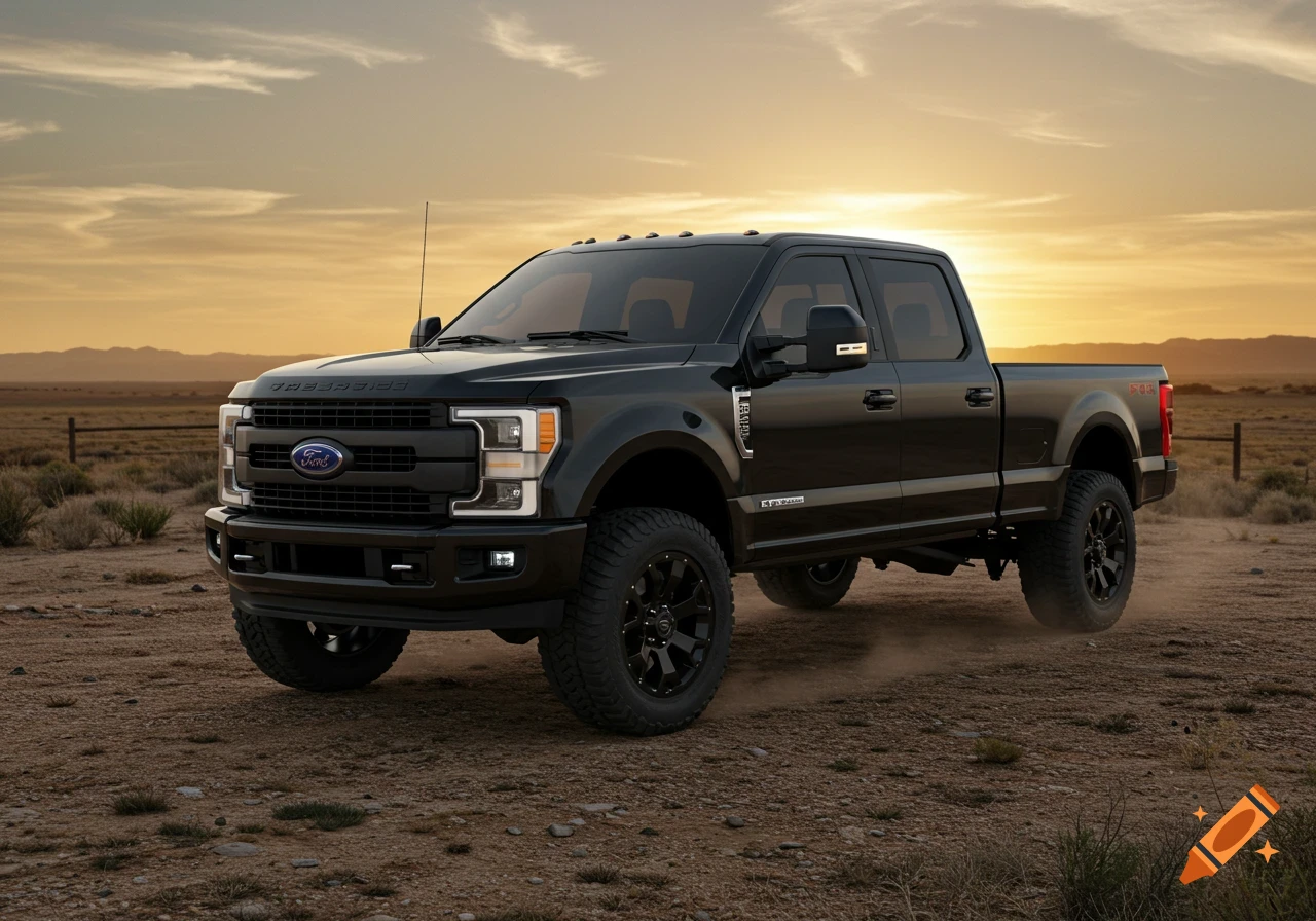 A dark Ford F-250 Super Duty truck with black wheels parked on a dirt road in a desert landscape at sunset.