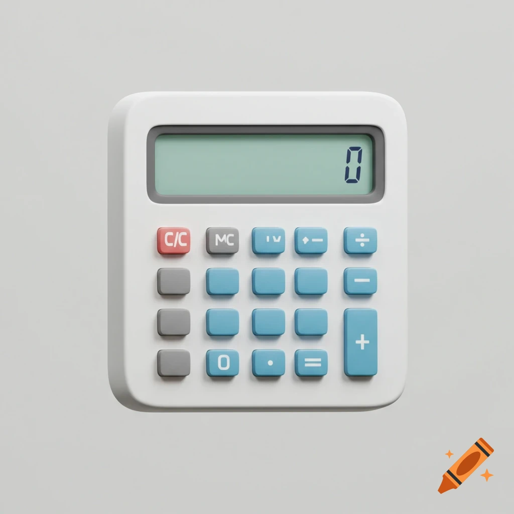 A white calculator icon with blue and grey buttons, displaying '0' on the screen.