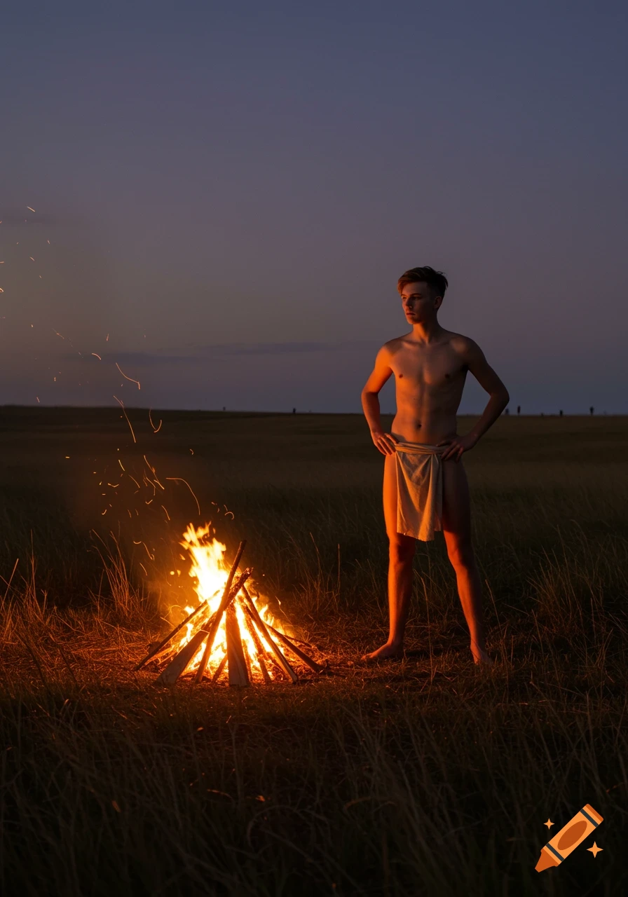 A young man, shirtless and in a loincloth, stands barefoot next to a bright bonfire in a grassy field at dusk.