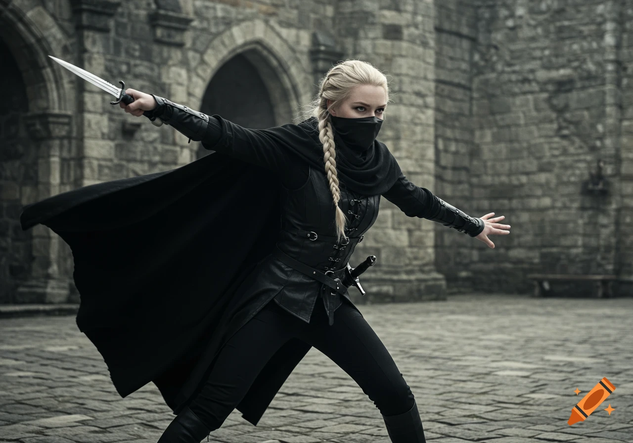 A photorealistic image of a blonde woman in a black mask and cloak, holding a dagger in a stone courtyard.