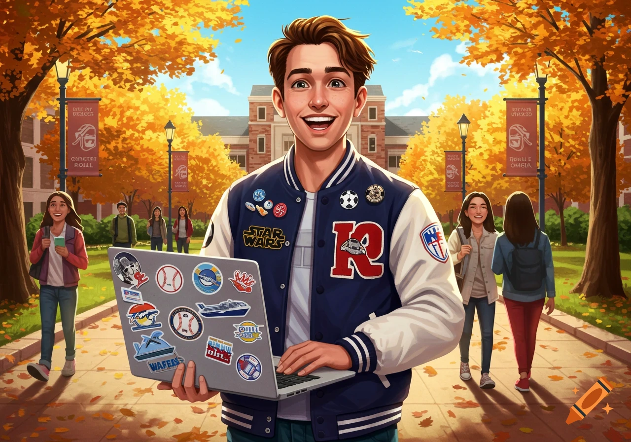 A smiling young man in a letterman jacket holds a laptop covered in stickers on a vibrant autumn college campus. Other students walk in the background.