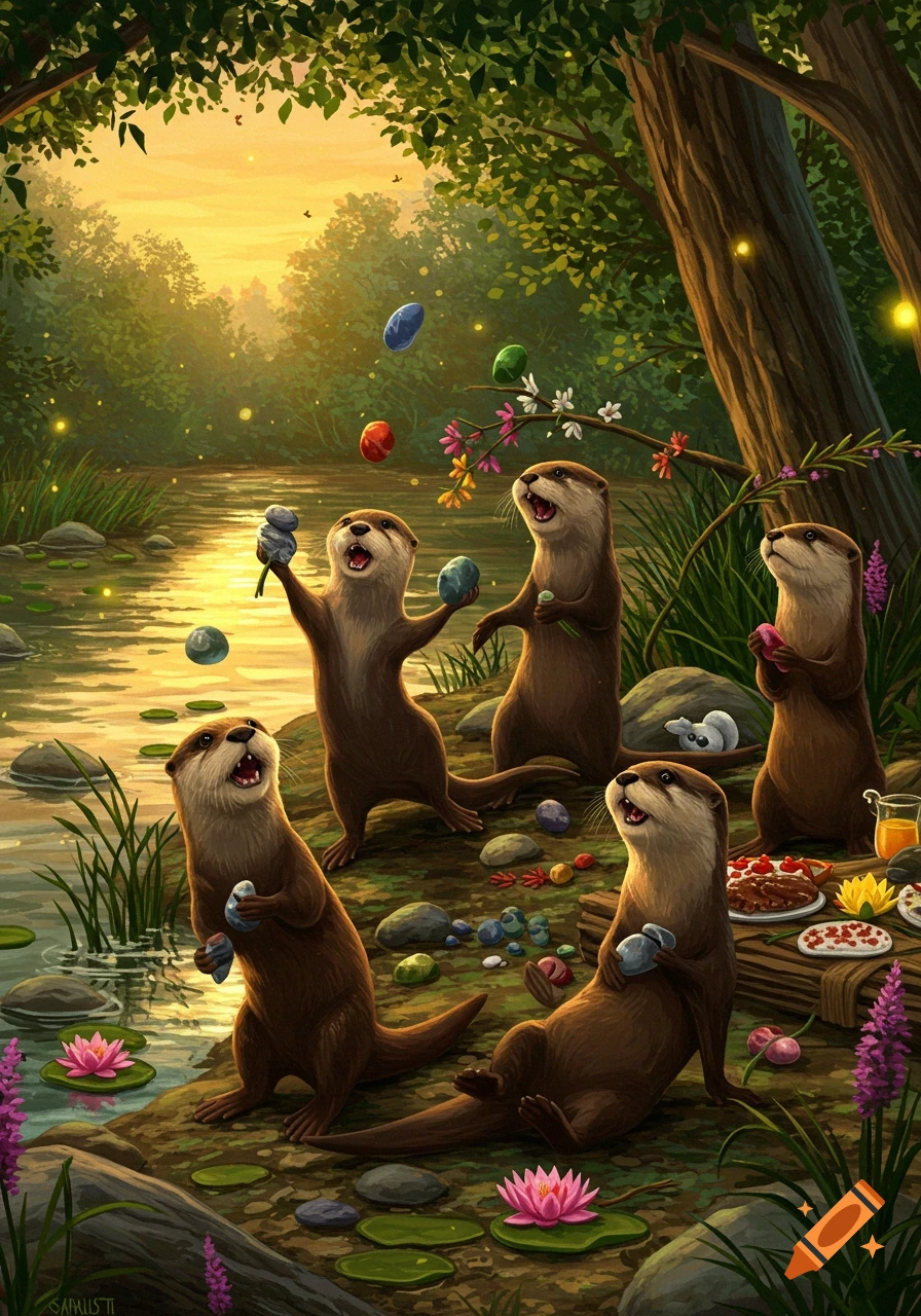 Whimsical illustration of several otters having a party by a sunlit river, some juggling colorful objects, others holding items.
