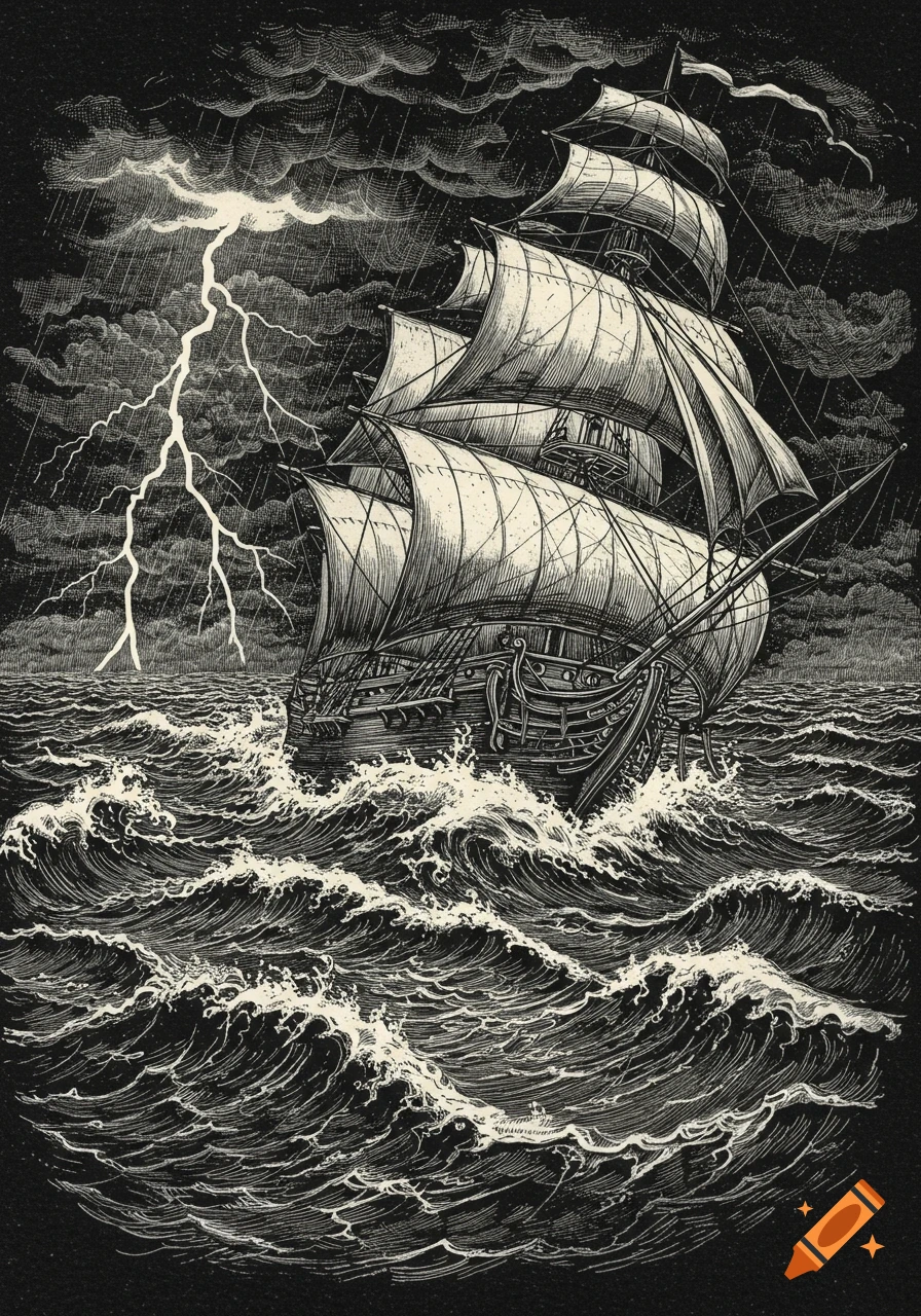 Black and white sketch of a tall ship battling a severe storm with lightning, heavy rain, and crashing waves.