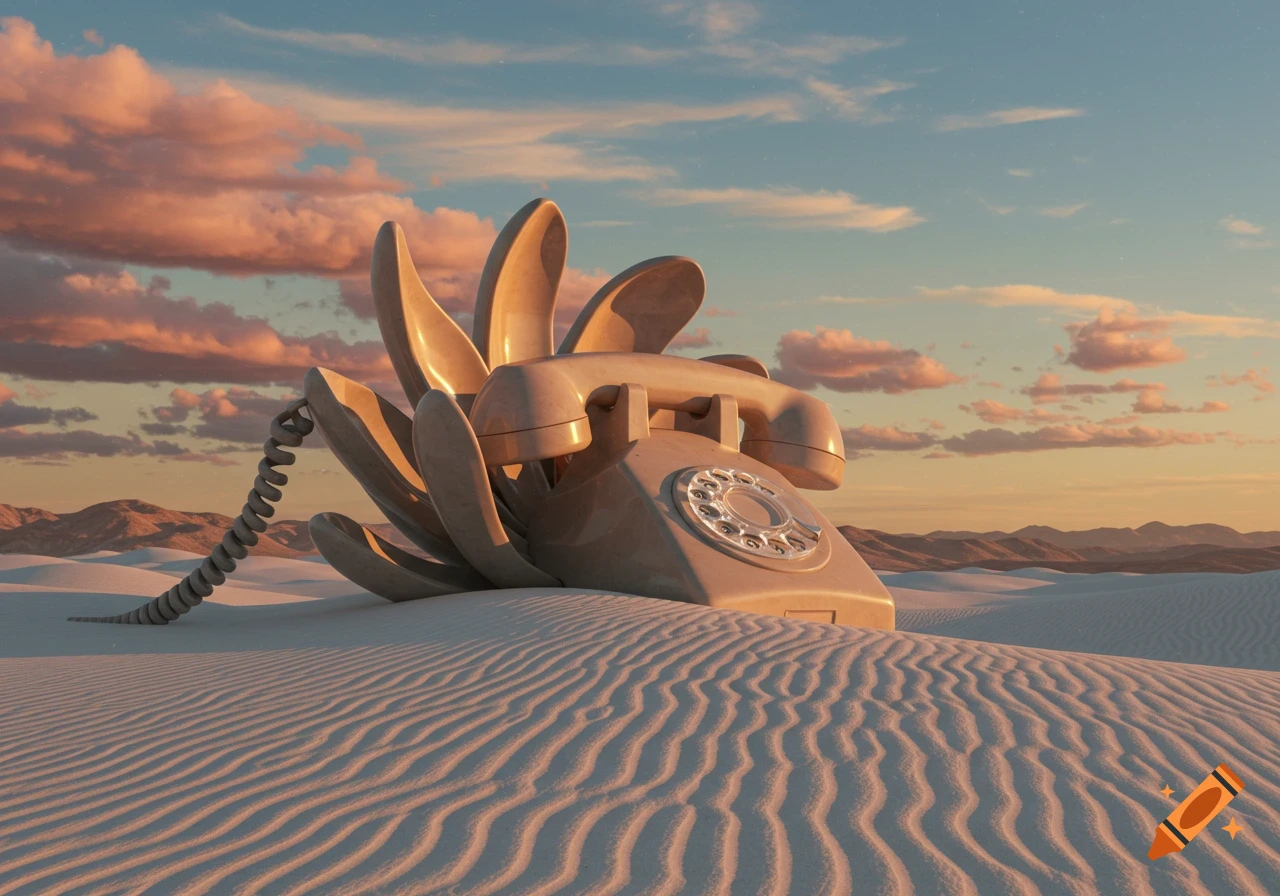 A surreal, flower-like antique rotary telephone rests in a vast desert landscape with rippled sand dunes under a sunset sky.