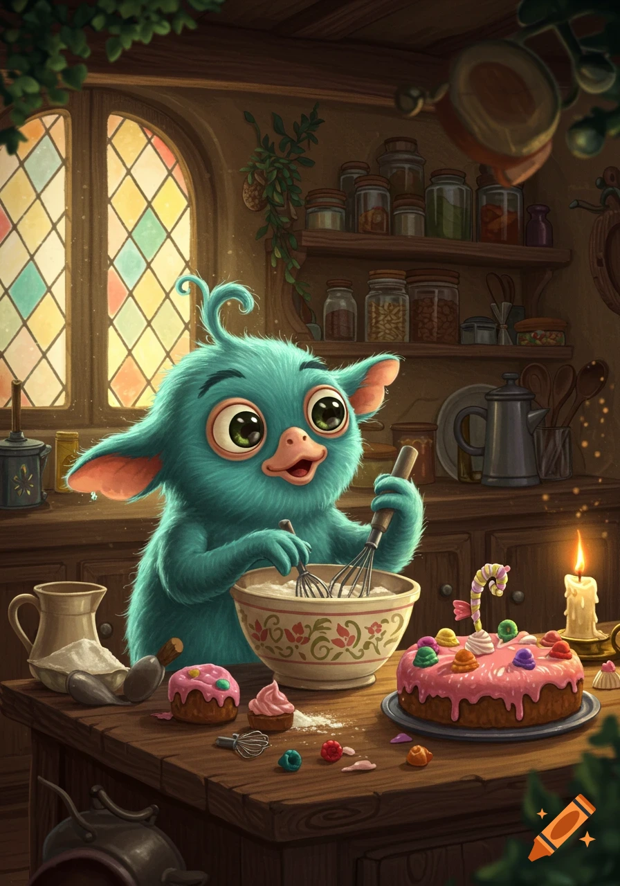 A fluffy teal creature with big eyes bakes a pink cake in a cozy kitchen with stained-glass windows.