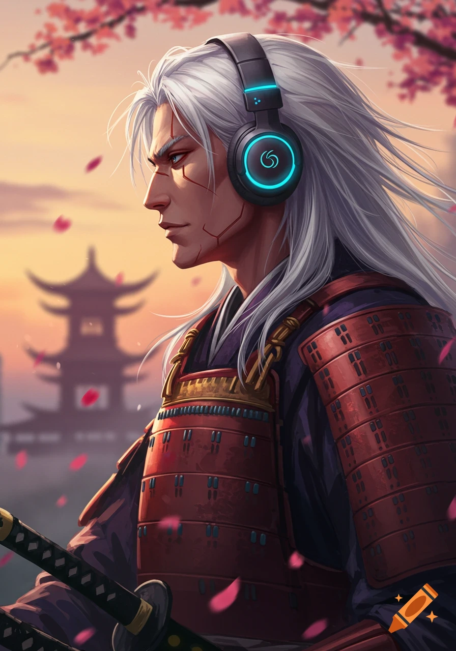 Anime samurai with long white hair, red facial markings, and modern headphones, wearing red armor, with a pagoda and cherry blossoms at sunset.