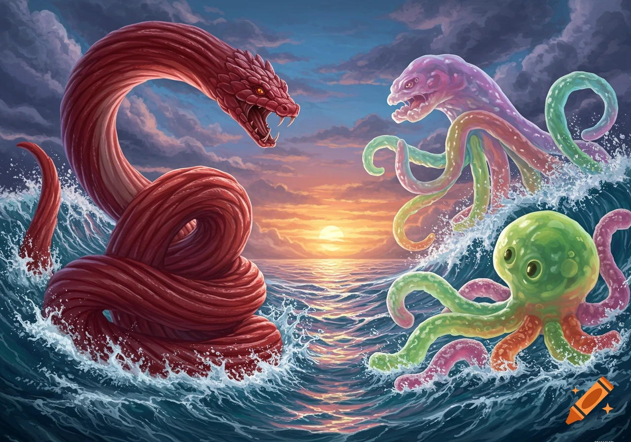 A colossal red candy snake monster battles two colorful gummy octopus monsters in a vibrant ocean at sunset, stylized art.