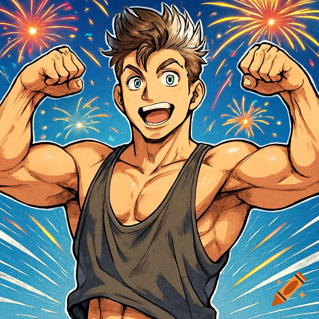 Manga-style muscular man in a tank top flexing biceps, smiling with fireworks in the background.