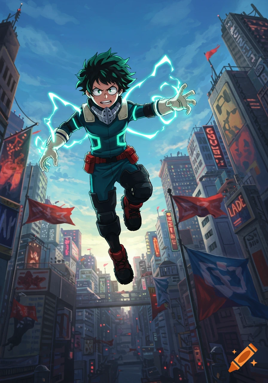 A determined anime superhero, Izuku Midoriya from My Hero Academia, floats above a bustling city, crackling with green lightning.