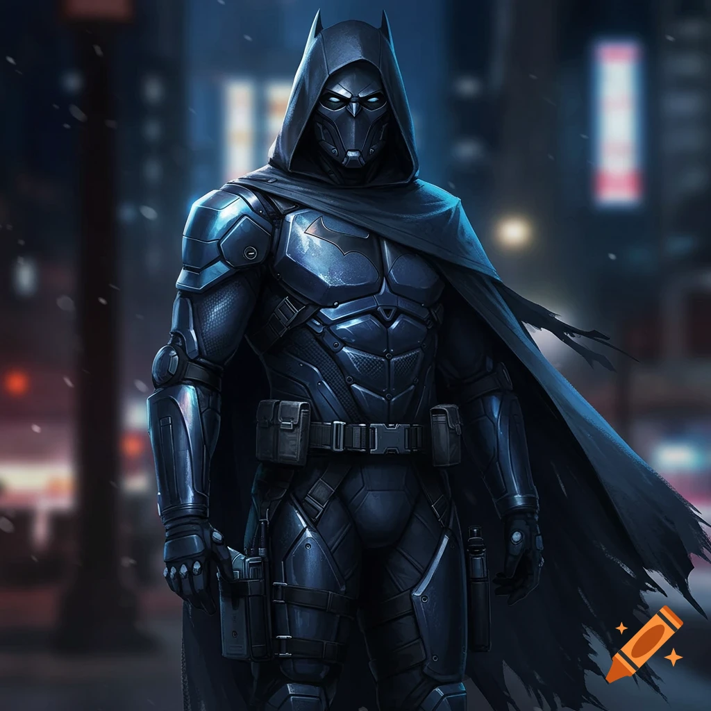 A dark, futuristic Batman-like vigilante in a detailed armored suit and hooded cape stands in a snowy city at night.