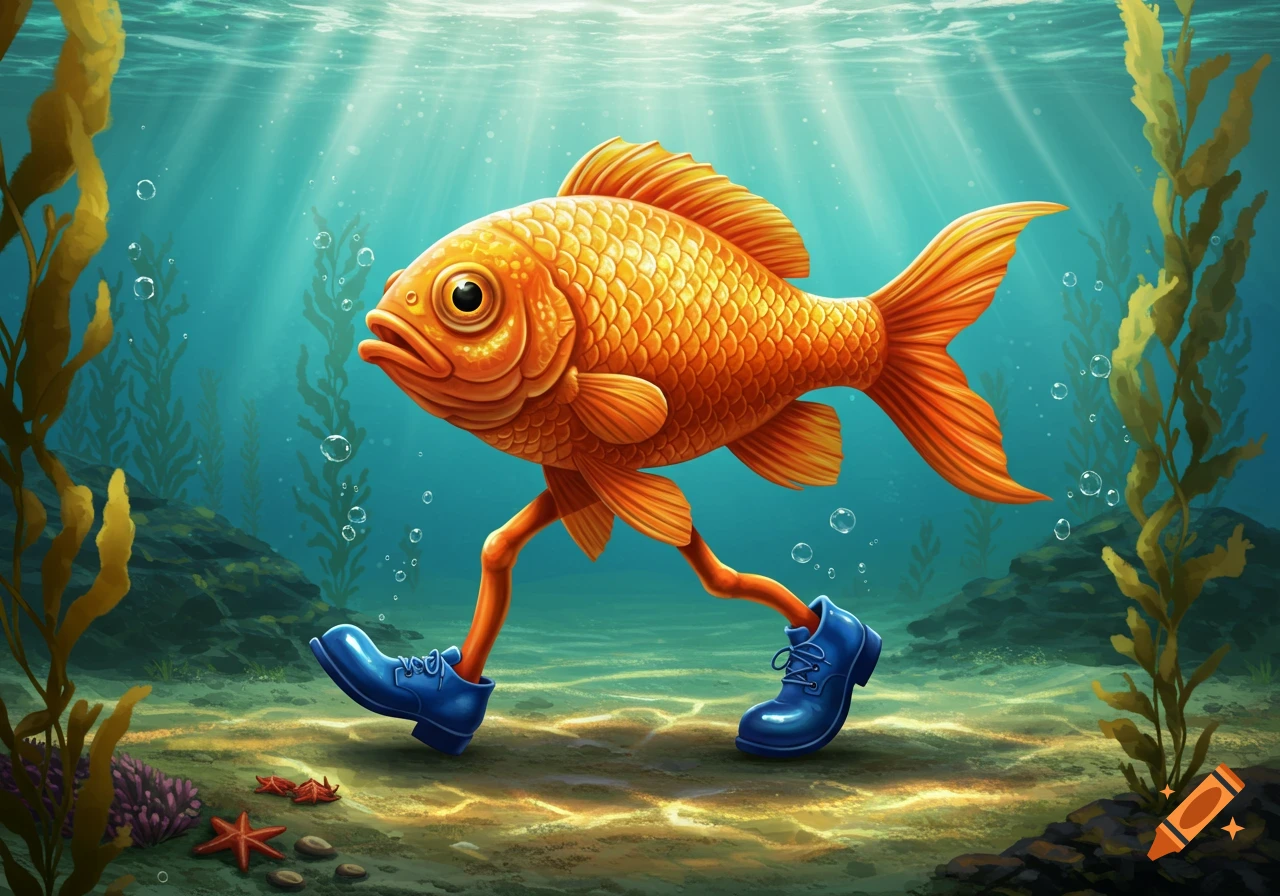 A whimsical orange goldfish with long orange legs and blue shoes walks on the sandy seafloor among seaweed and starfish.