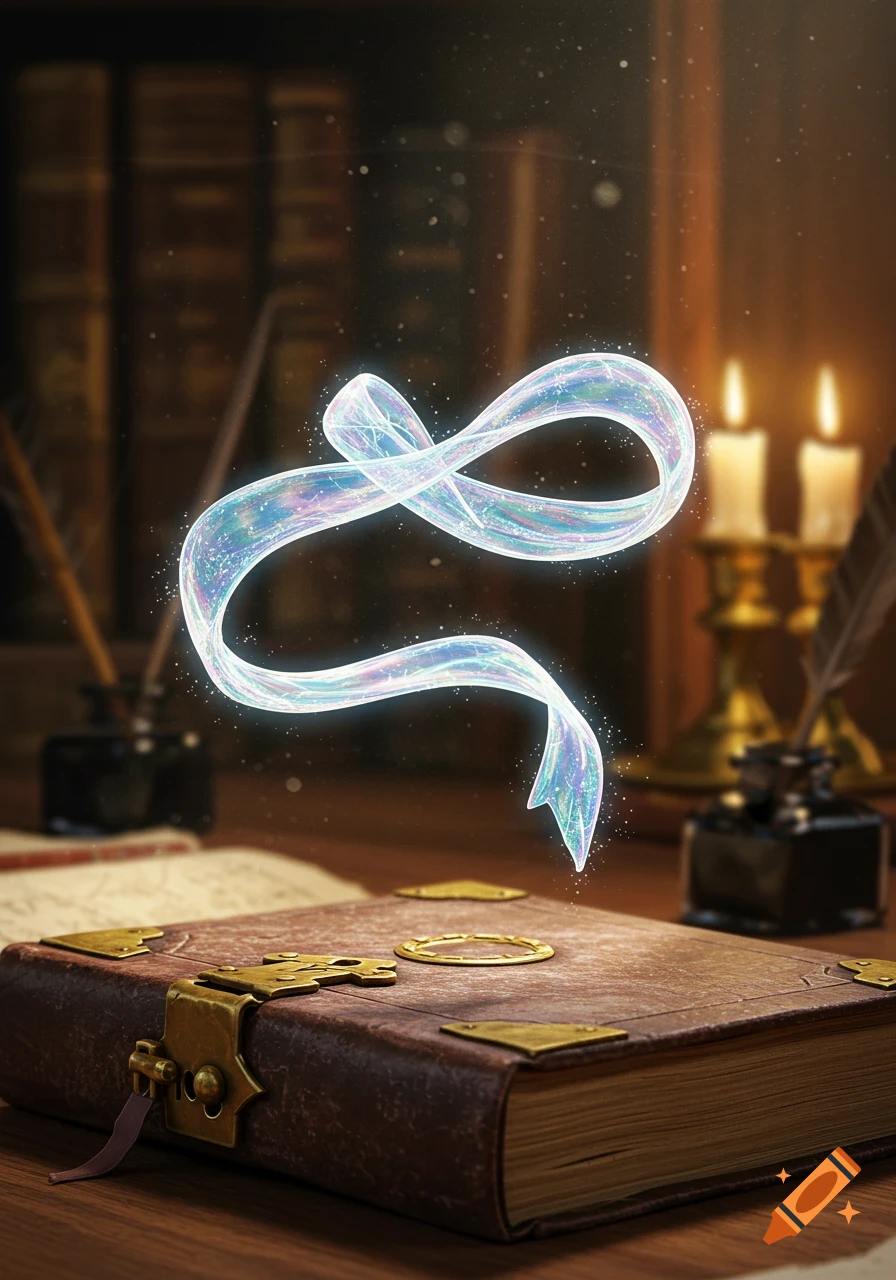 A shimmering magical ribbon floats above an antique leather journal with clasps on a wooden desk, with inkwells and candles in background.