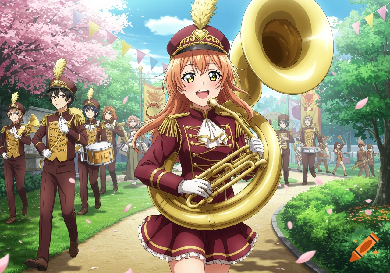 An anime girl smiles while playing a gold sousaphone in a marching band, with other members in a park under cherry blossoms.