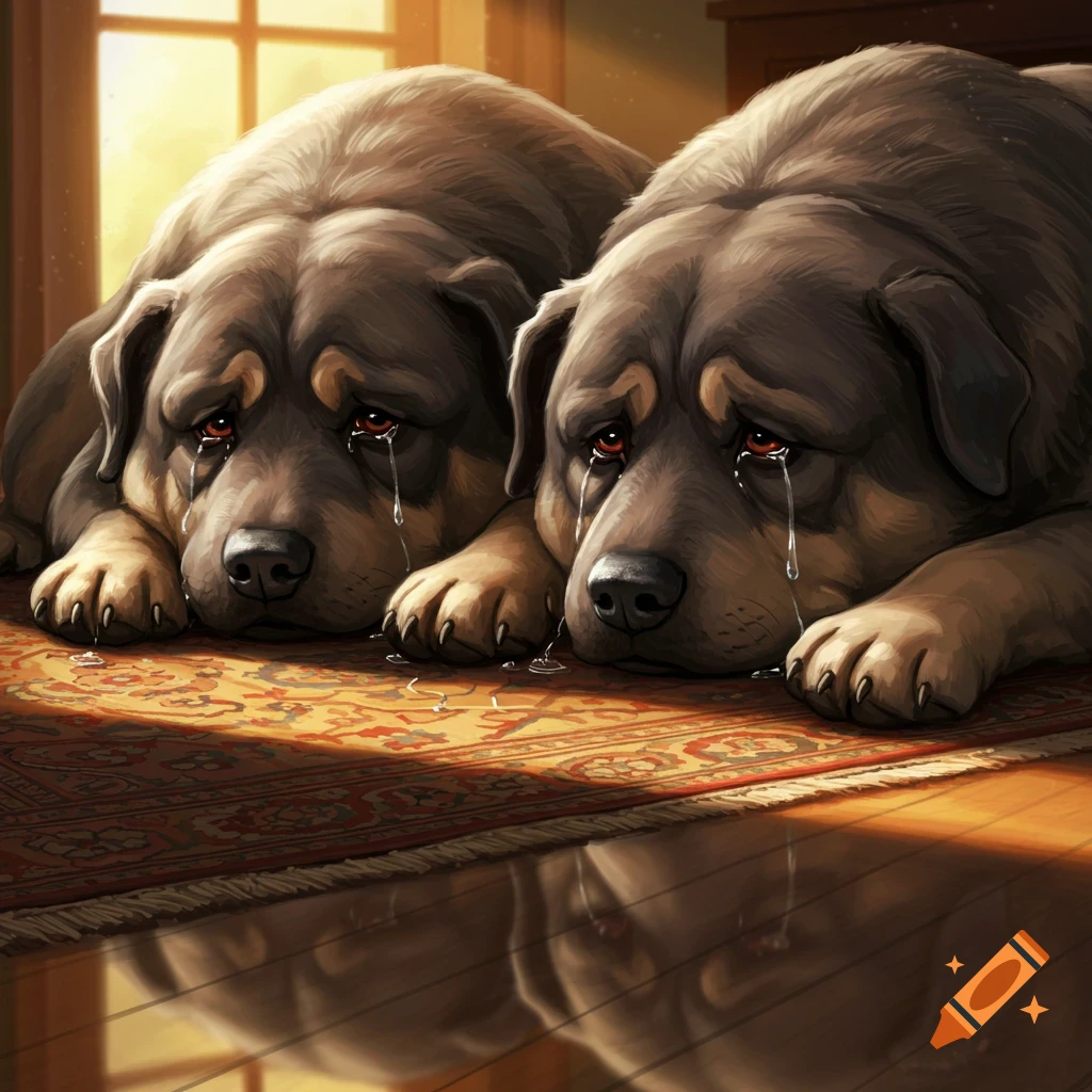 Two chunky, sad dogs crying on a patterned rug in a sunlit room, painted style.