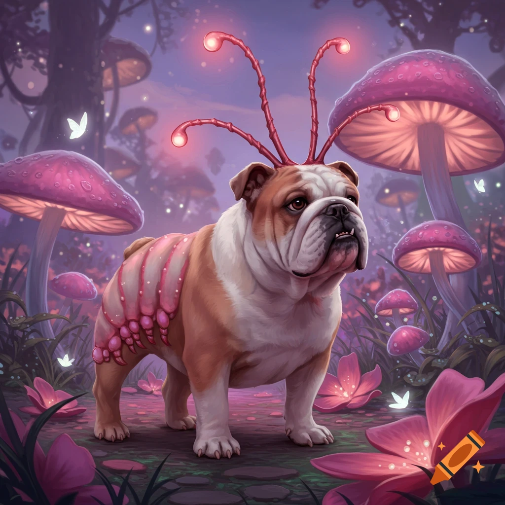 A pink English bulldog with glowing red caterpillar-like antennae and pink armored skin stands in a whimsical purple forest with large glowing pink mushrooms and flowers.