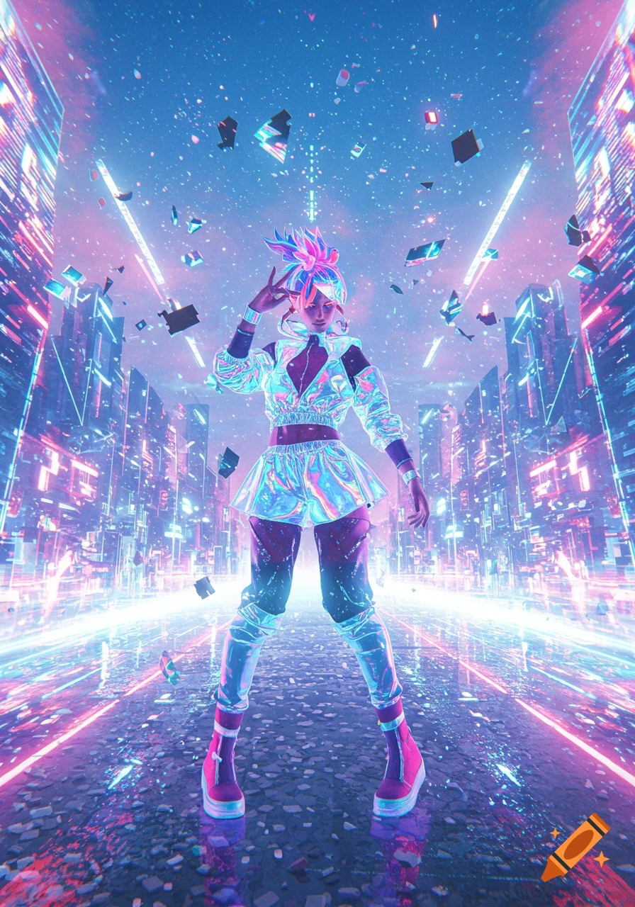 A vibrant neon digital art of a futuristic figure striking a pose on a glowing city street with geometric fragments.
