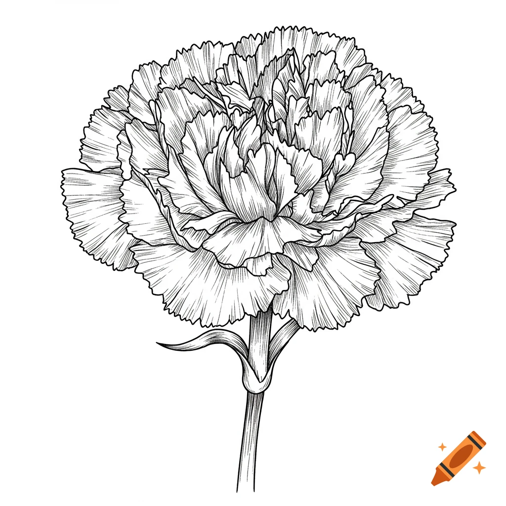 Detailed black and white line art of a single carnation flower with a stem on a white background.
