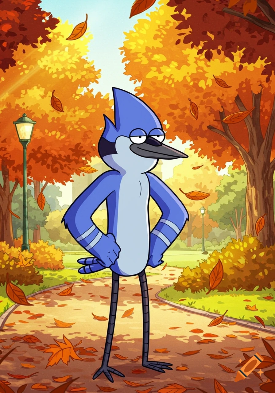 Mordecai from Regular Show stands with hands on hips in an autumn park with falling orange leaves.