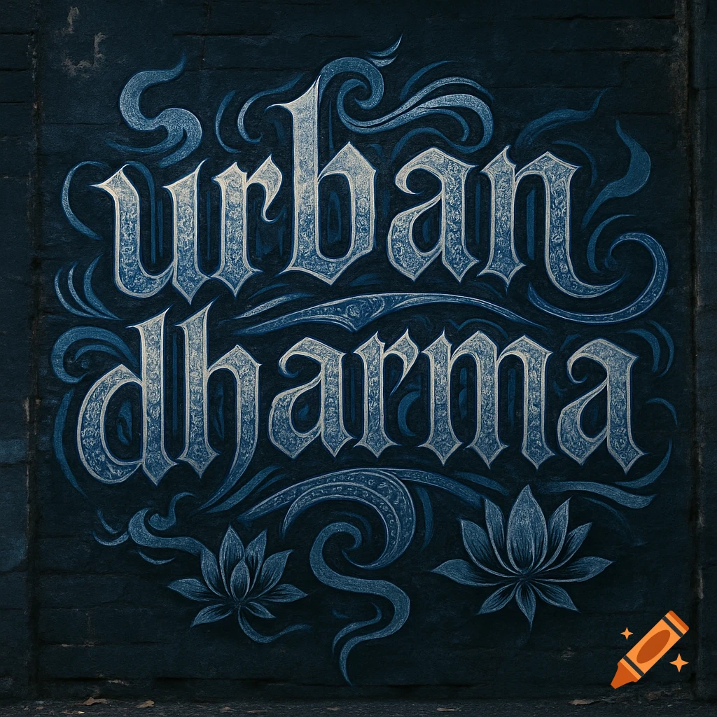Ornate gothic-style chalk art reads 'urban dharma' in dark blue, with floral patterns and lotus flowers on a textured background.