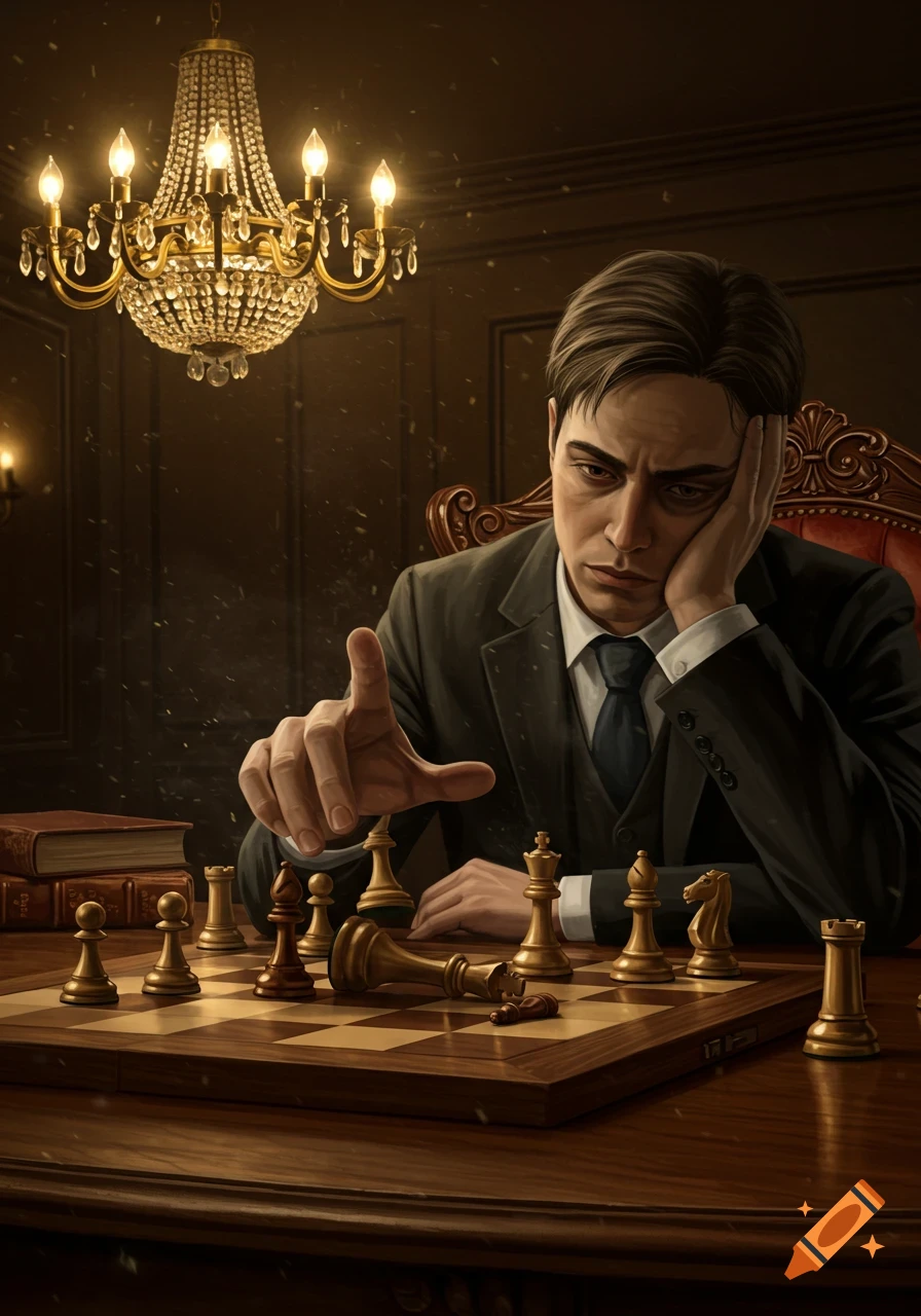 An illustrated portrait of a pensive man in a suit at a chessboard in a luxurious room, with a king piece knocked over.