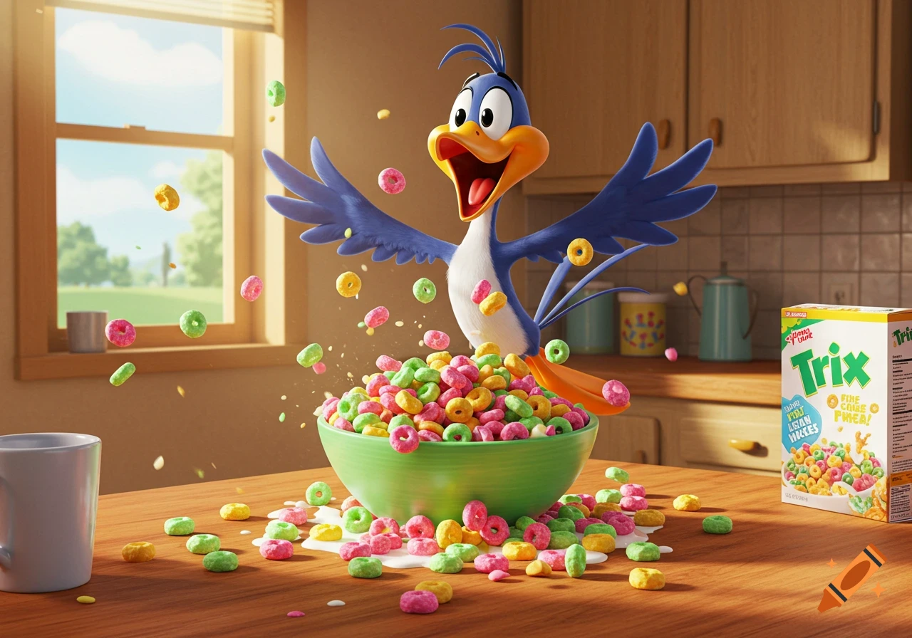 Sonny the Cuckoo Bird excitedly spreads Trix cereal from a green bowl across a kitchen counter, with a Trix box visible.