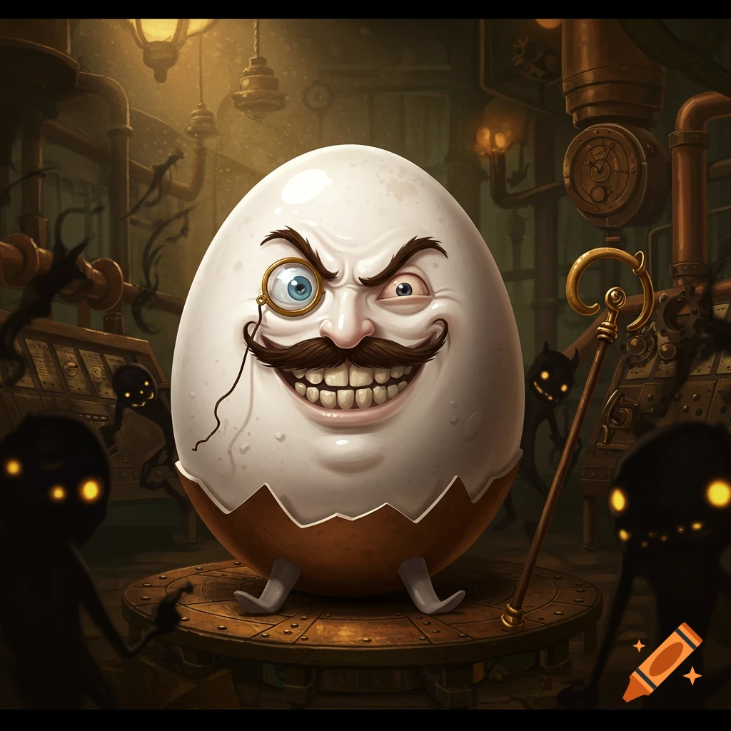 A villainous, mustachioed egg with a monocle stands in a dark steampunk factory, surrounded by shadowy figures.