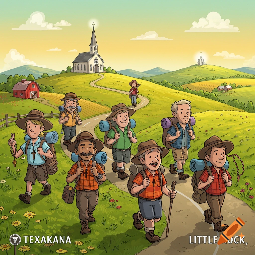 Cartoon of pilgrims hiking on a path through a green, hilly landscape with a church in the background. Text reads 'TEXARKANA' and 'LITTLE ROCK,'.