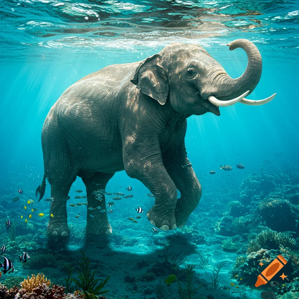 Photorealistic large elephant standing underwater on a vibrant coral reef with tropical fish swimming around it, sun rays filtering from above.