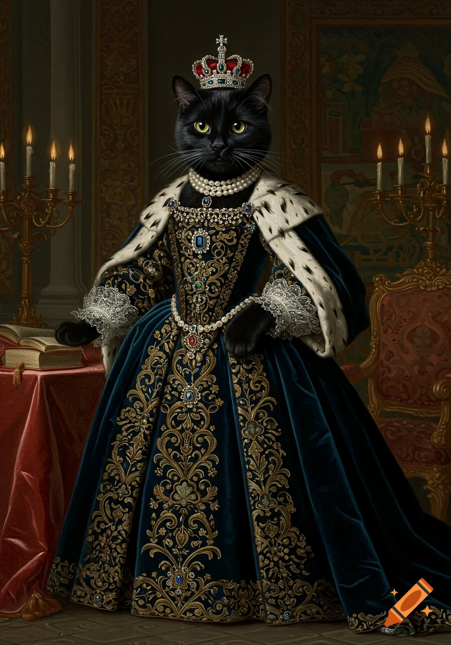 A black cat in an elaborate baroque queen's gown and crown, standing in a regal hall, in the style of a classical painting.
