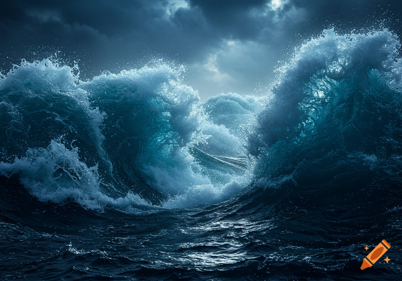 Massive dark blue ocean waves crash under a stormy, cloudy sky, with white spray catching light.