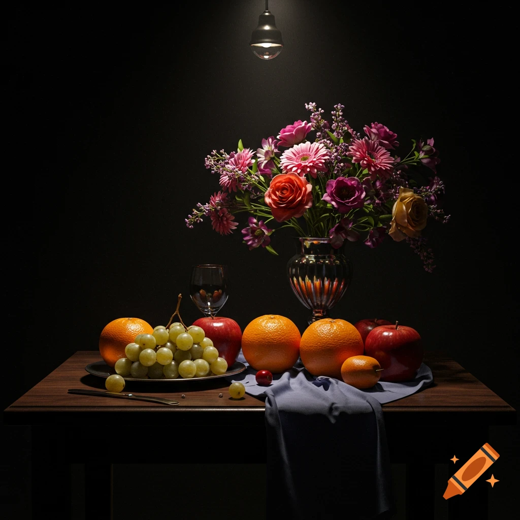 A photorealistic still life features a vase of colorful flowers and various fruits on a wooden table, dramatically lit from above against a black background.
