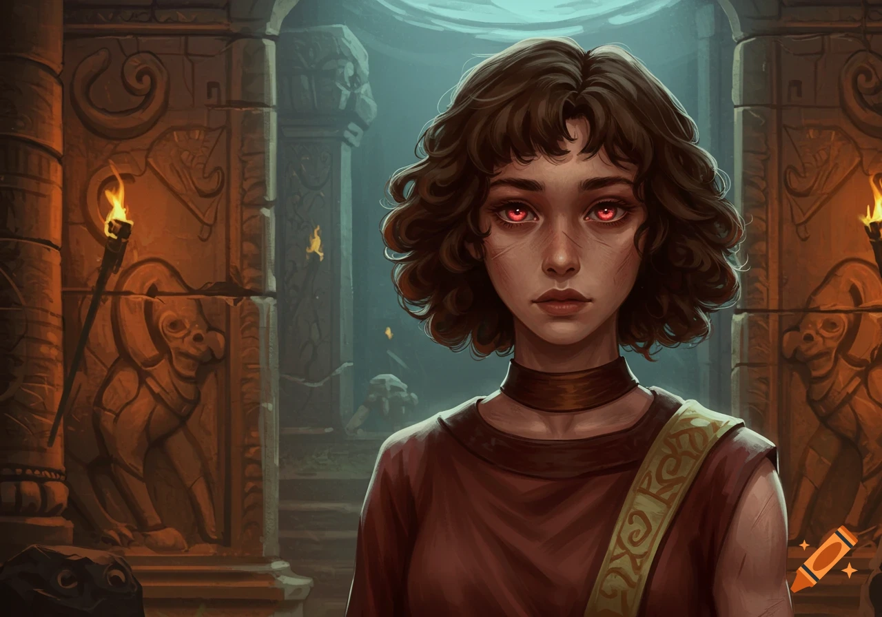 A fantasy illustration of a young priestess with curly brown hair and glowing red eyes, standing in an ancient, torchlit stone temple.