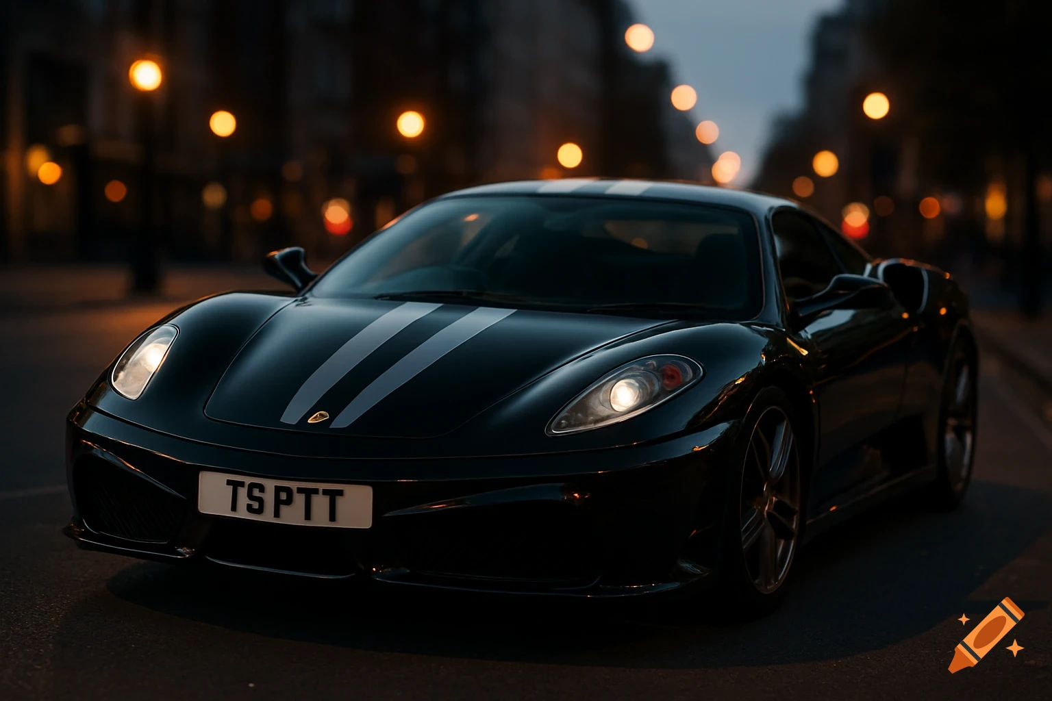 A dark black Ferrari F430 with two grey stripes on the hood is parked on a street at night, illuminated by soft orange streetlights.