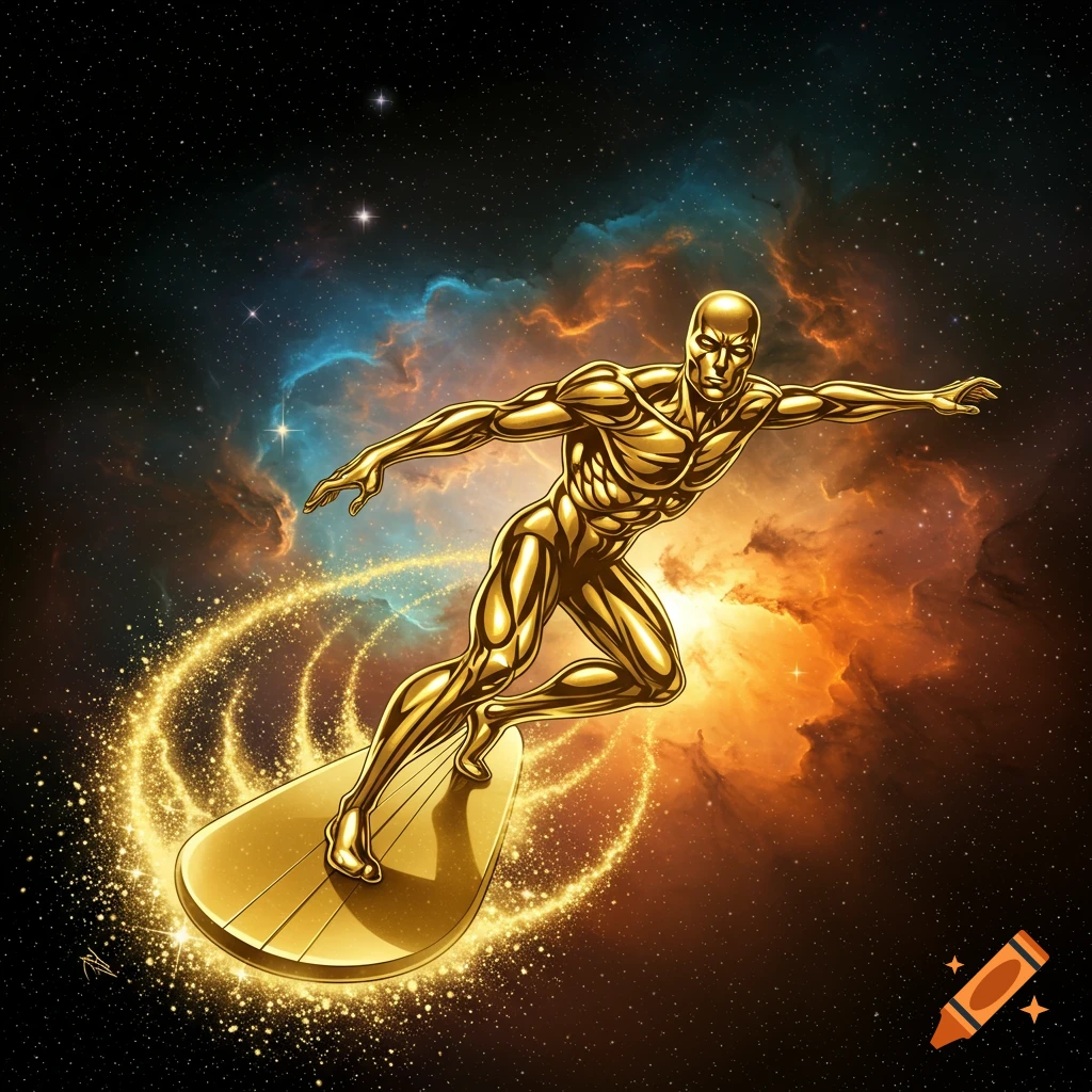 A golden, muscular figure on a golden surfboard glides through a star-filled cosmic background with colorful nebulae.