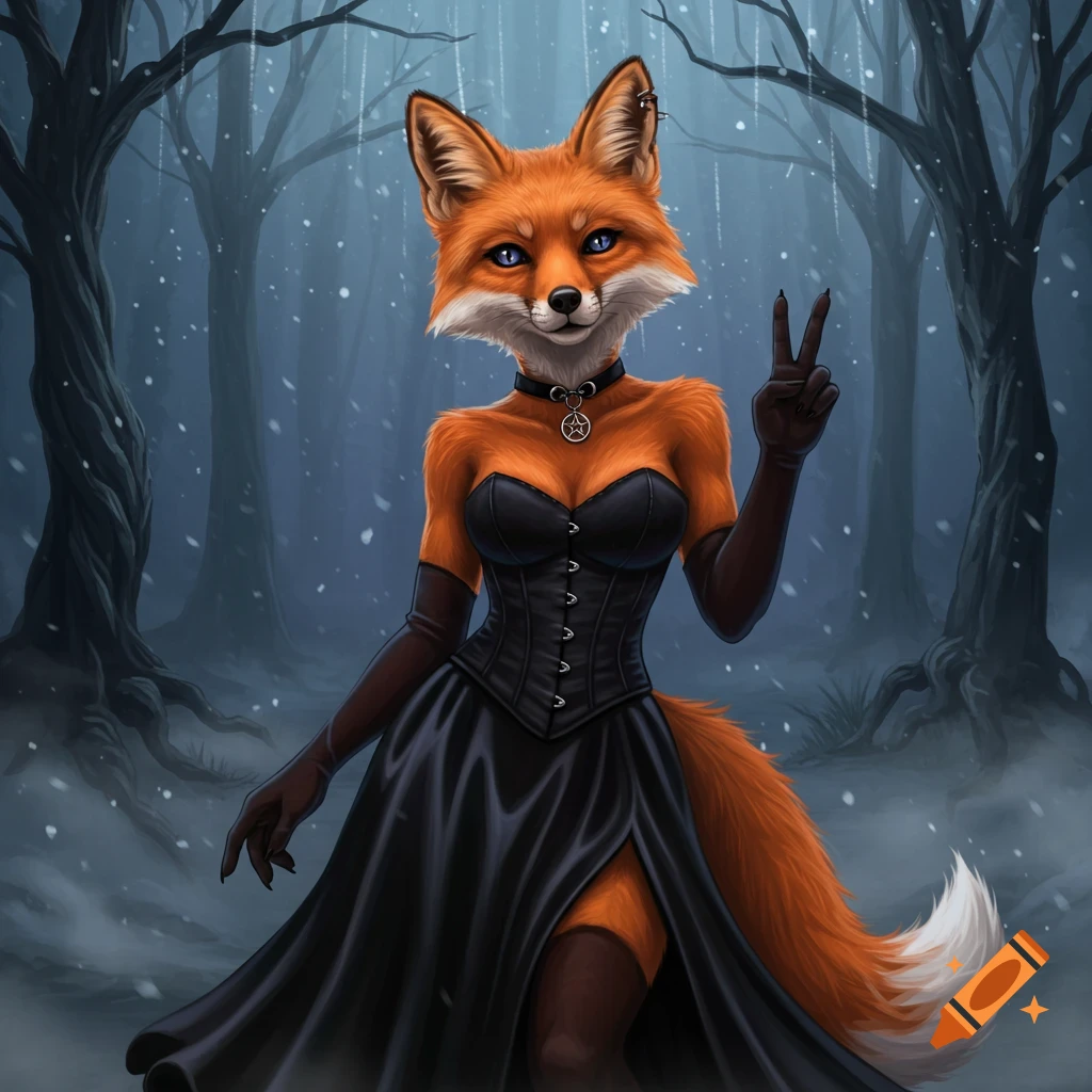 A gothic fox woman with blue eyes, wearing a black corset and a long black skirt, making a peace sign in a snowy forest.