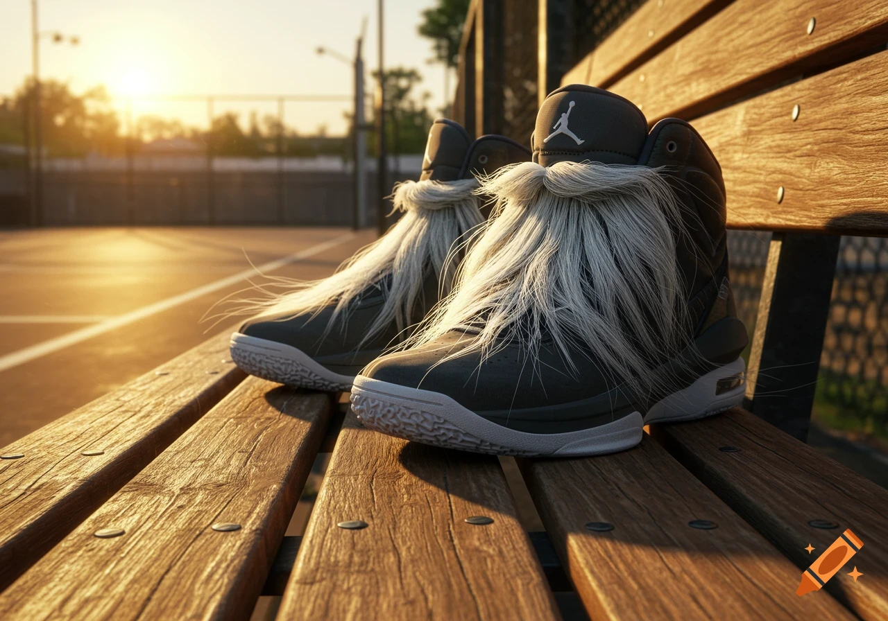 Two grey basketball shoes with long white beard-like hair sit on a wooden bench at a basketball court during sunset.