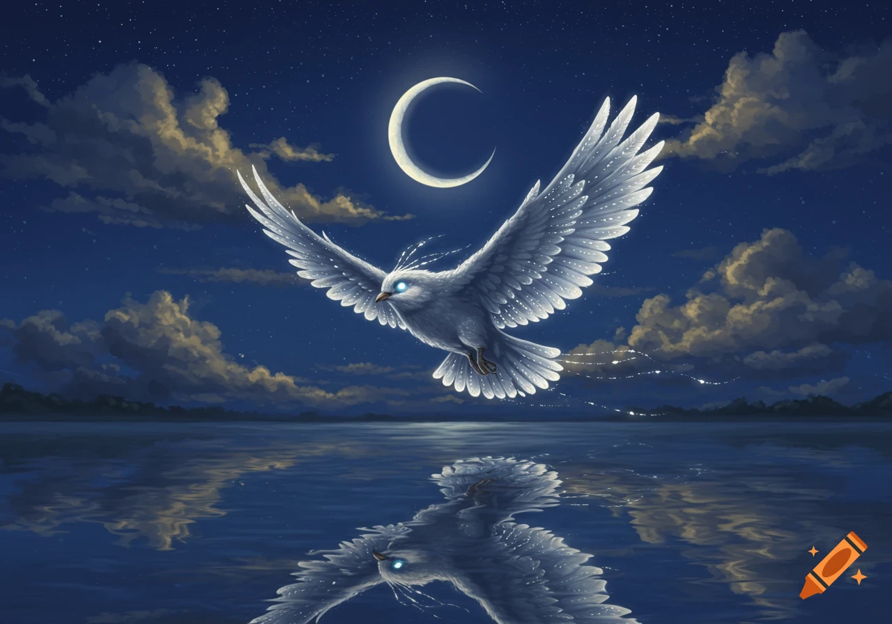 A majestic white fantasy bird with glowing blue eyes soars over a reflective lake at night beneath a crescent moon and starry sky.