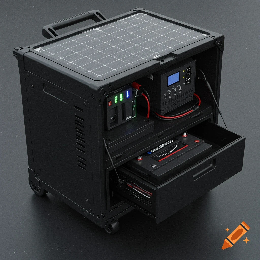 A compact, matte black portable power station with solar panels on the lid, an open drawer revealing a battery, and various control units and cables inside.