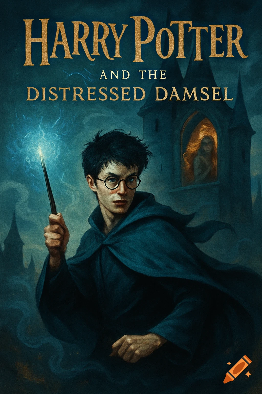 Illustration of Harry Potter, wand glowing, in front of a castle where a woman is trapped in a tower, styled as a book cover.