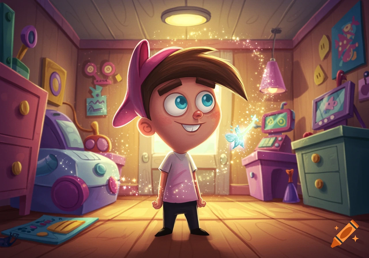 A smiling cartoon boy, Timmy Turner, in a pink hat and white shirt, stands in a room filled with magical sparkles.