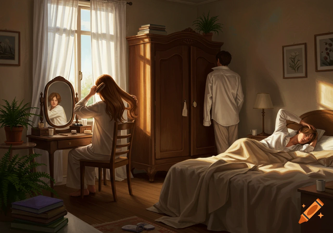 Three people in a sunlit bedroom. A woman brushes her hair at a vanity, a man stands by a wardrobe, and another woman stretches in bed.
