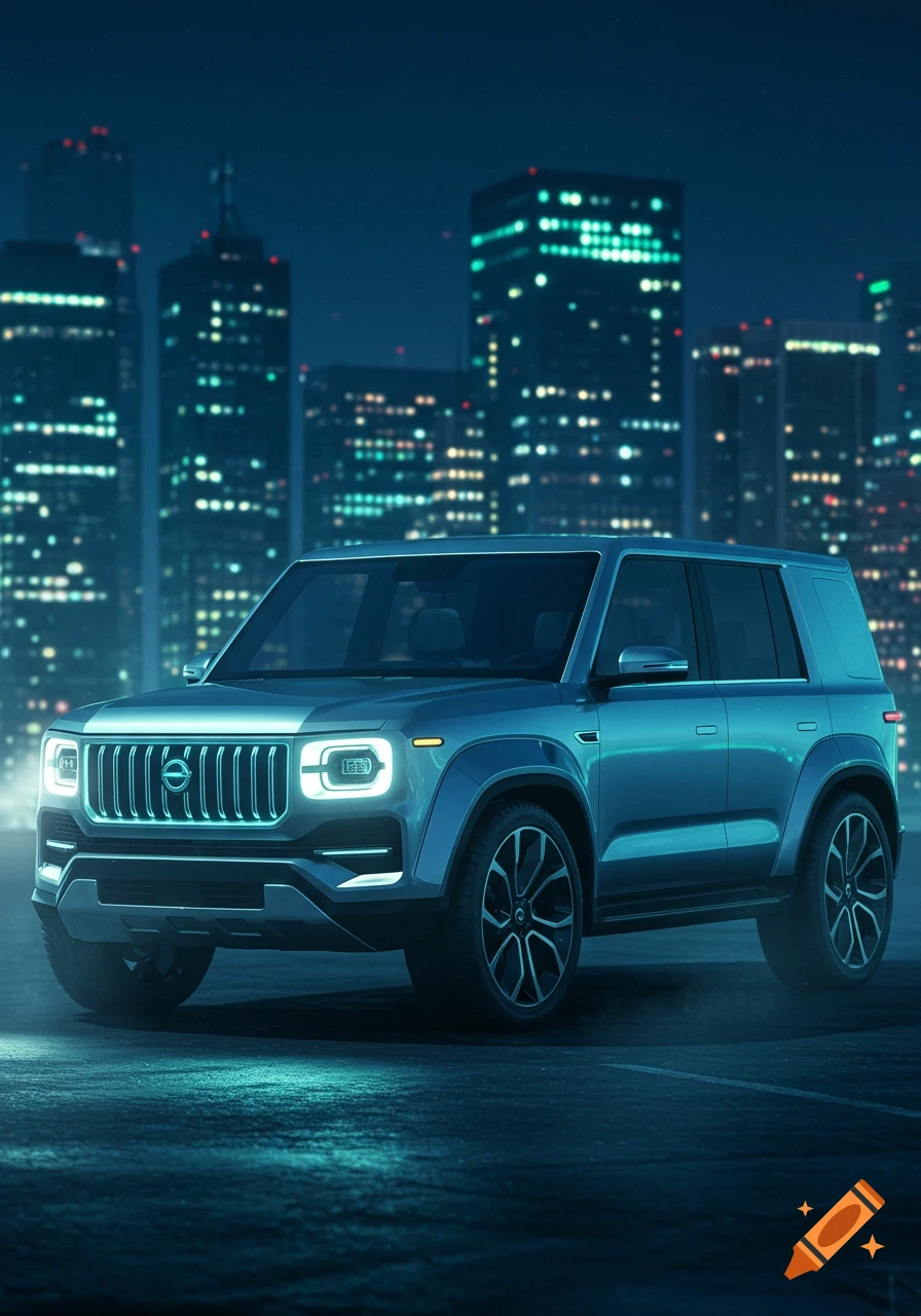 A modern, boxy blue SUV with bright headlights parked on a street at night, with a blurred city skyline.