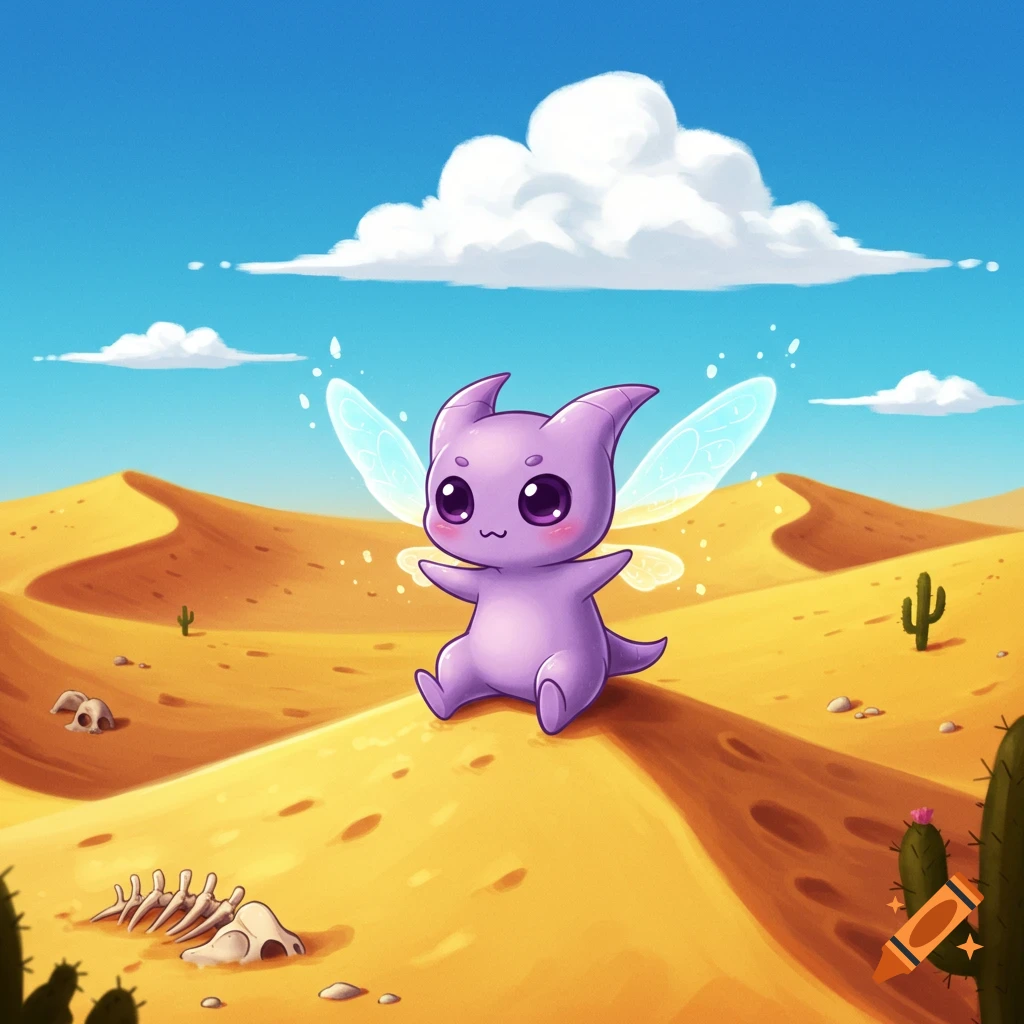 A cute purple chibi creature with large eyes and fairy wings sits on a golden desert sand dune under a blue sky, with cacti and bones scattered around.